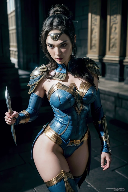 actress ((Gal Gadot)) as Kitana from Mortal Kombat, in the temple, wields fans, blue-and-black revealing bodysuit, blue stockings, blue ninja mask, high heels, (intricate hair bun), intricate, high detail, sharp focus, dramatic, photorealistic painting art by greg rutkowski,large breast