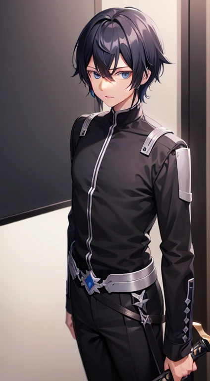 (Very detailed CG unity 8k wallpaper.) black haired male anime, separated in the middle, look good, Blue Eyes stood in a classroom and wore a long black  and had a black and white sword at his waist. 