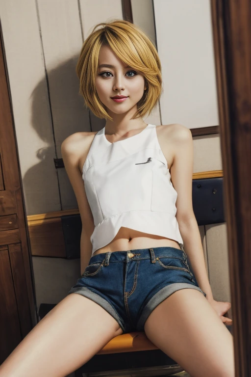 idol,cute,masterpiece,(((spread legs))),uniform,no panties,pussy,(((crack))),woman,(((NSFW))),sitting,chair,stretch her knee,((very short hair)),visible pussy,slender,flat chest,neck ribbon,(((loose wide hem))),(((leaning back))),(((very wide hem hot pants))),(((show off pussy))),((NSFW)),exposed navel,(((kagamine rin))),visible hip,hip slip from hem,pussy slip from hem,blonde hair,white ribbon,denim hot pants,pussy slip from pants,low rise pants,visible lower abdomens,(((visible pubic hair))),