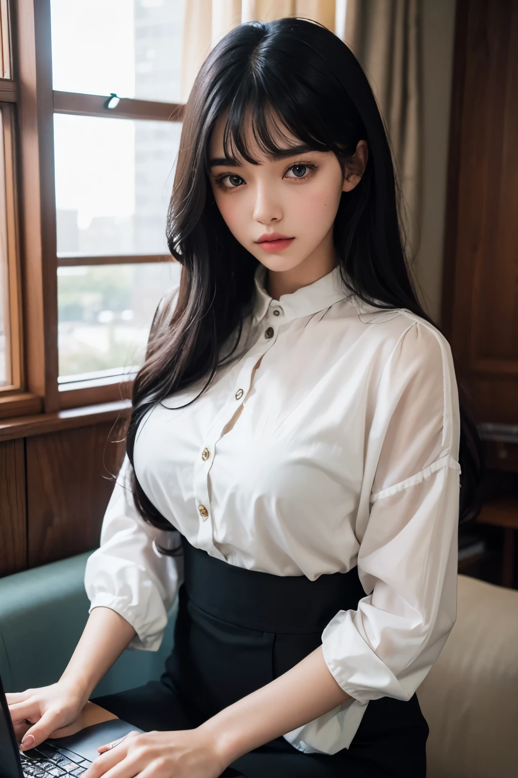 Araped woman wearing multi-colored blouse with long black hair, Cerveza Soft Devil Queen Madison, Violet Myers, curtain bangs, No makeup, wavy hair, Madison Beer, without makeup, 중앙에서 분리된 curtain bangs, Profile picture, Use Instagram Filters, Subtle soft and dim light, Pose sitting in front of a laptop, perfect face, julia sardinian, perfect hands, 
