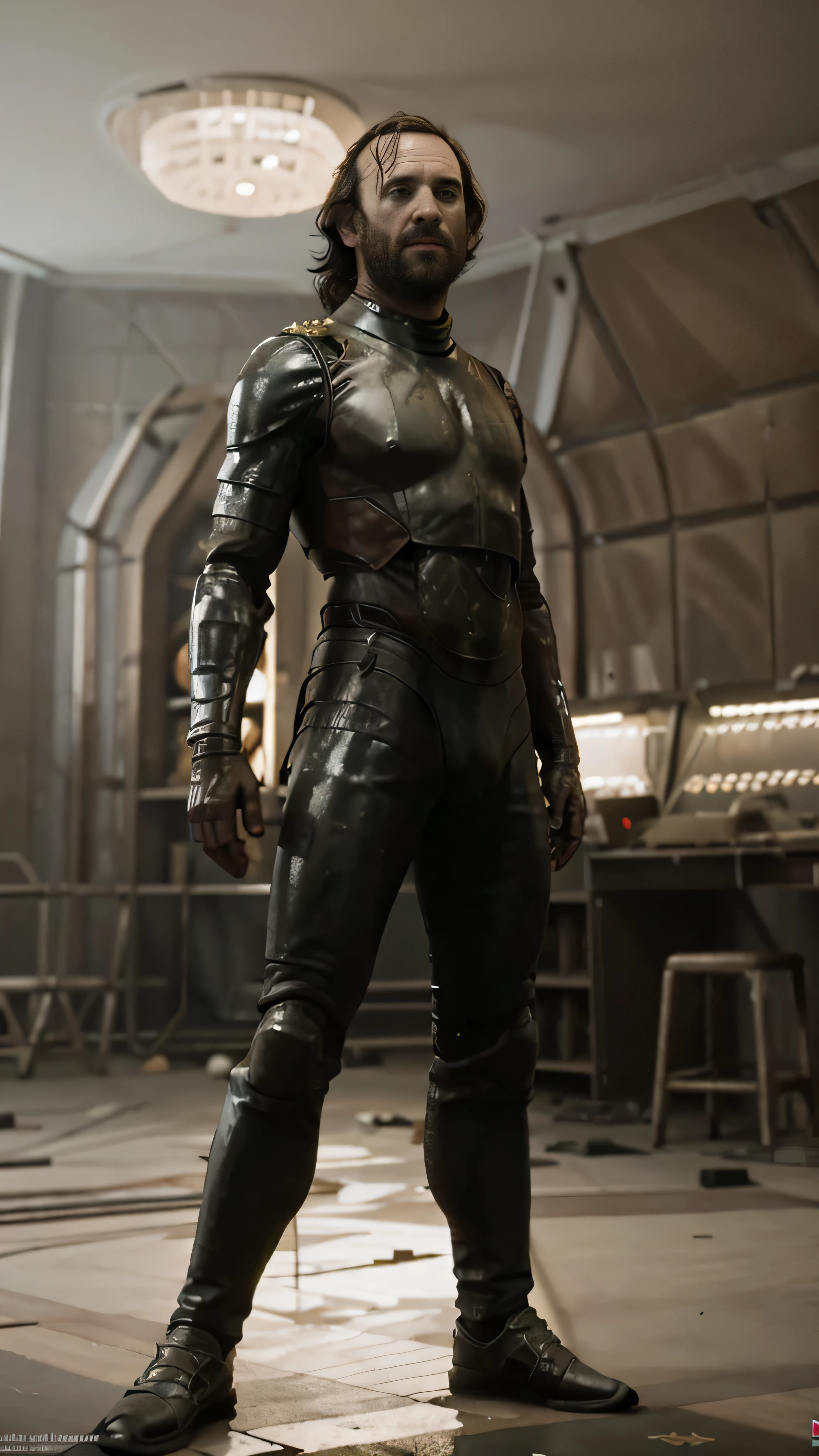 postapocalypse, ((Rory McCann)) as Sandor Clegane, burn on face, disheveled long hair, atomh armor, atomh gun, standing in a lab, USSR,  (1man), (solo), (full body view), beautiful detailed glow, detailed, cinematic light, intricate detail, realistic, highres, detailed facial features, high detail, sharp focus, smooth, aesthetic, extremely detailed, stamp, octane render