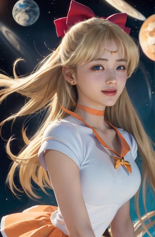 ((HD real, Same 1 level)), Extremely realistic, masterpiece, highest quality, High resolution, Same 1, space, Stunning beauty, Upper body photo shoot, 1 girl, chest, gloves, lips, alone, Sailor Venus, Bright Blue Eyes,  uniform, Show more1, tiara, Sailor Senshi uniform, (RAW Photos, highest quality), masterpiece, 浮かぶBlondeの長い髪, Red ribbon on the back of the head, orangeセーラーカラー, bow, choker, 白いgloves, orange choker, elbow gloves, jewelry, Earrings, orange skirt, only, whole body, Blonde, (Perfect hands): 3.8, Octane Rendering, Goddess of Love, (close: 1.2) Beautiful, detailed eyes, close, Small eyes, Look Viewer, to8contrastスタイル, Octane line drawing, space background, Venus, Light effects, orange, Beautiful smile, Lowered hand