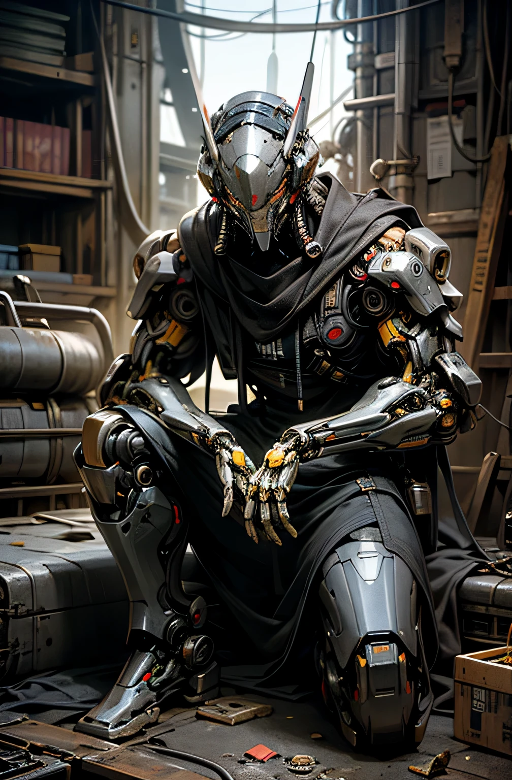 Cyberpunk,1 man, Mechanical, Robotic male, Cybernetic guardian, Kind, repaired, rebuilt, relaxed, comforting, scrapped, salvaged, inviting