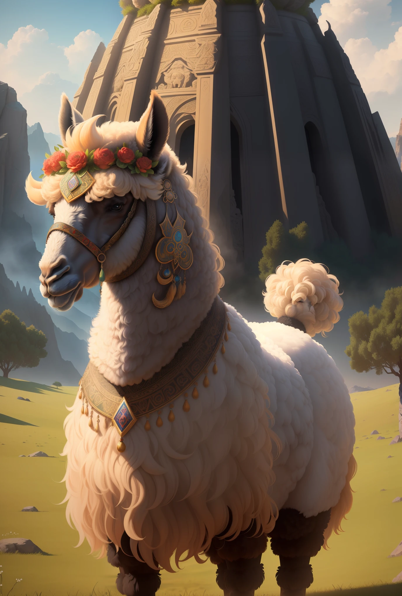 A majestic alpaca standing in a mysterious atmosphere, embodying ancient legends and the deity of the grasslands. The alpaca is portrayed with a sense of power and mystery, surrounded by an aura of ancient rituals. The scene is depicted with surrealistic elements, evoking a mystical and powerful presence. The image quality is (best quality,4k,8k,highres,masterpiece:1.2), ultra-detailed, (realistic,photorealistic,photo-realistic:1.37), with HDR, UHD, and vivid colors. The artwork is created in an illustrative style, capturing the essence of ancient folklore and spiritual significance.