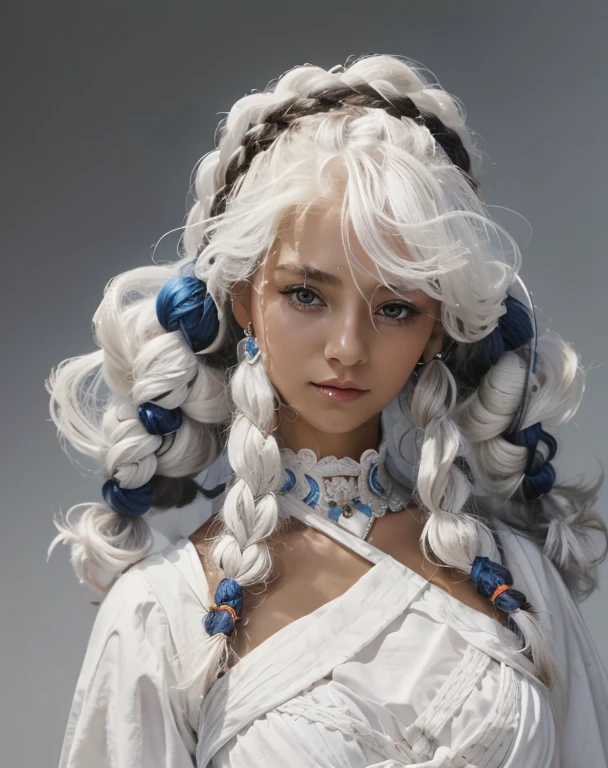 Beautiful girl priestess, intricate hairstyle, Braids, white clothes, soft power in a glance, high quality, realism.
