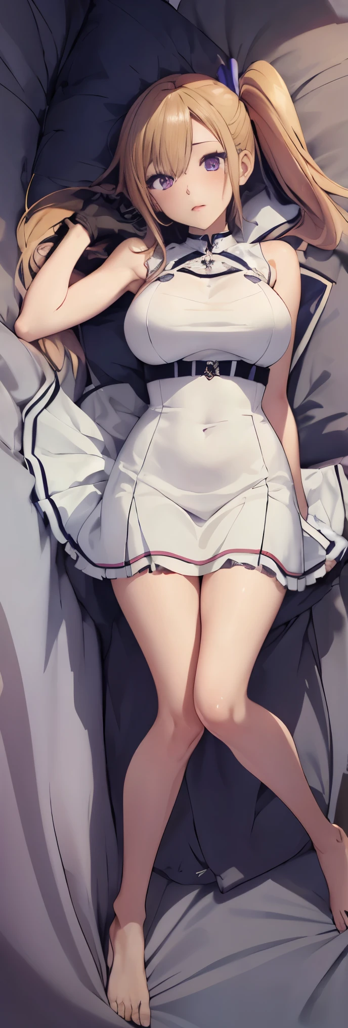 1girl, kawakami_mai, blonde hair, long hair, side ponytail, purple eyes,large breast,
BREAK (gloves, jewelry, pelvic curtain, sleeveless, sleeveless dress, white dress:1.2)
BREAK there is a girl on the bed, she is sleepy, full body, dakimakura, lying down,
BREAK ((anime girl)), best quality, expressive eyes, perfect face, (masterpiece), best quality, expressive eyes, perfect face, ((best quality)), ((ultra-detailed)), ((an extremely delicate and beautiful)), perfect eyes, perfect body, ((synmetry eyes)), beautiful eyes, ((thick thighs)), shiny skin, soft skin, ((synmetry body)), ((perfect body)), 