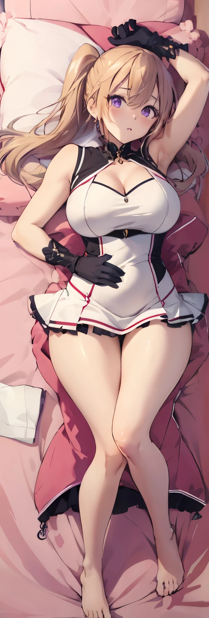 1girl, kawakami_mai, blonde hair, long hair, side ponytail, purple eyes,large breast,
BREAK (gloves, jewelry, pelvic curtain, sleeveless, sleeveless dress, white dress:1.2)
BREAK there is a girl on the bed, she is sleepy, full body, dakimakura, lying down,
BREAK ((anime girl)), best quality, expressive eyes, perfect face, (masterpiece), best quality, expressive eyes, perfect face, ((best quality)), ((ultra-detailed)), ((an extremely delicate and beautiful)), perfect eyes, perfect body, ((synmetry eyes)), beautiful eyes, ((thick thighs)), shiny skin, soft skin, ((synmetry body)), ((perfect body)),