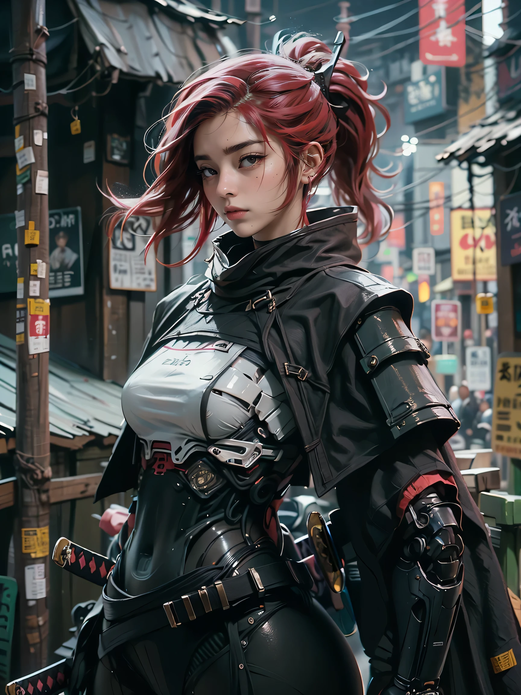 1female samurai cyborg wearing a cloak, (Black Coat:1.2), holding sword, Katana, God of War, complex, 8k, (Masterpiece, Best quality:1.2), extremely detailed, cinematic, iridescent, armor, mecha,