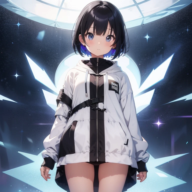 1 person girl、pleochroism、A loose-fitting jersey-style long hoodie in holographic colors、Ribbed knit cuffs and hem、Vtuber whole body、Milky white short hair、Standing figure facing the viewer、