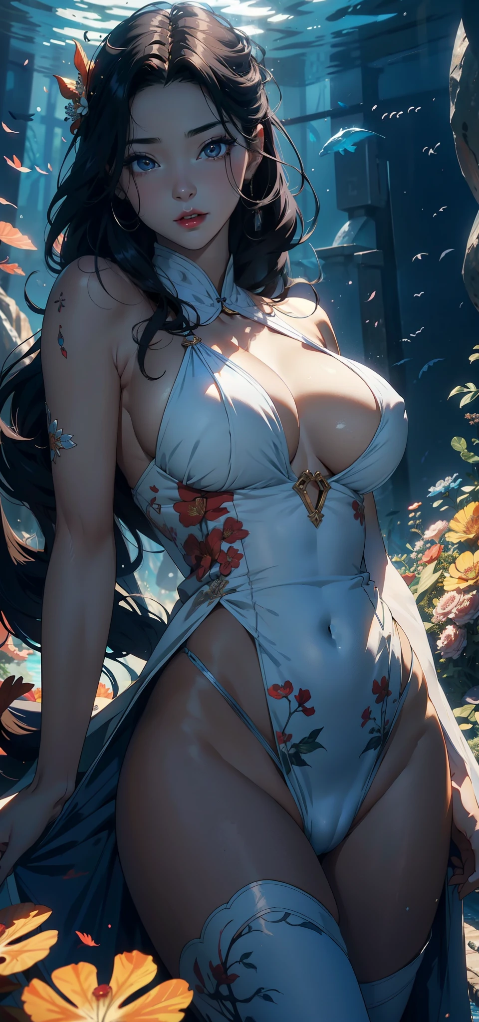 1 female，41 years old，MILF， ，Married woman， Mature，Plum，very big  ，exposure， solo，（background：Underwater，seabed，seabed火山，bubble，coral） She has short black hair，站在Underwater，从front看， Straight Hair，（（（masterpiece），（Very detailed CG unified 8K wallpaper），Best quality，Movie Lighting，細緻的background，Beautiful and delicate eyes，Smart pupils，Red lips（Very delicate and beautiful），（Beautiful and detailed eye descriptions），Ultra Detailed，masterpiece，）），Facing the camera，high resolution，Ultra Detailed），Exposing breasts，exposed genitals，  Convex，Legs open，Convex起性感，camel toe，front，diver，（Wear：laurels，Transparent Hanfu，nude）