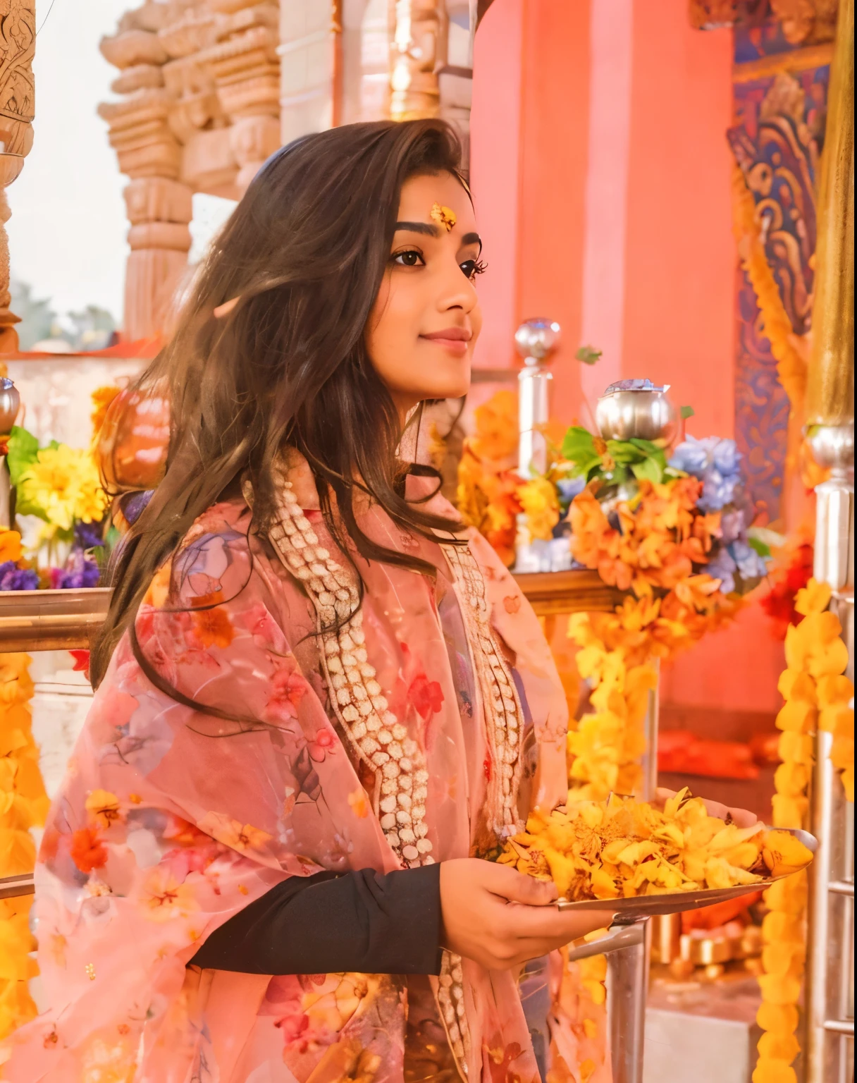 (best quality,highres,ultra-detailed,realistic:1.37),vibrant colors,Indian Temple walls,stone carvings,ornate sculptures,historical architecture,elaborate designs,colorful paintings,divine deities,golden decorations,fine details,religious motifs,sacred atmosphere,shimmering light,decorative patterns,ancient craftsmanship,spiritual heritage,sunlit courtyard,peaceful ambiance,reflection of culture,serene surroundings,traditional rituals,temples in India,rich symbolism,mythological stories,tranquil sanctuary,incense fragrance,divine presence,devotees worshipping,traditional attire,prayer rituals,spiritual bliss,celestial beauty,divine blessings,sacred architecture,sacredness in every corner,echoes of history,eternal serenity,divine intervention,soulful music,ritualistic ceremonies,cultural significance,majestic pillars,ornate gateways.