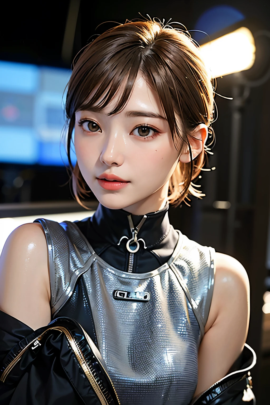 highest quality、masterpiece、Ultra-high resolution、(Real:1.4)、Beautiful woman1、Beautifully detailed eyes and skin、Light brown short hair、small smile、Full space suit、Space Station、Spaceship、Cloudy、Sci-Fi Taste、Movie quality、