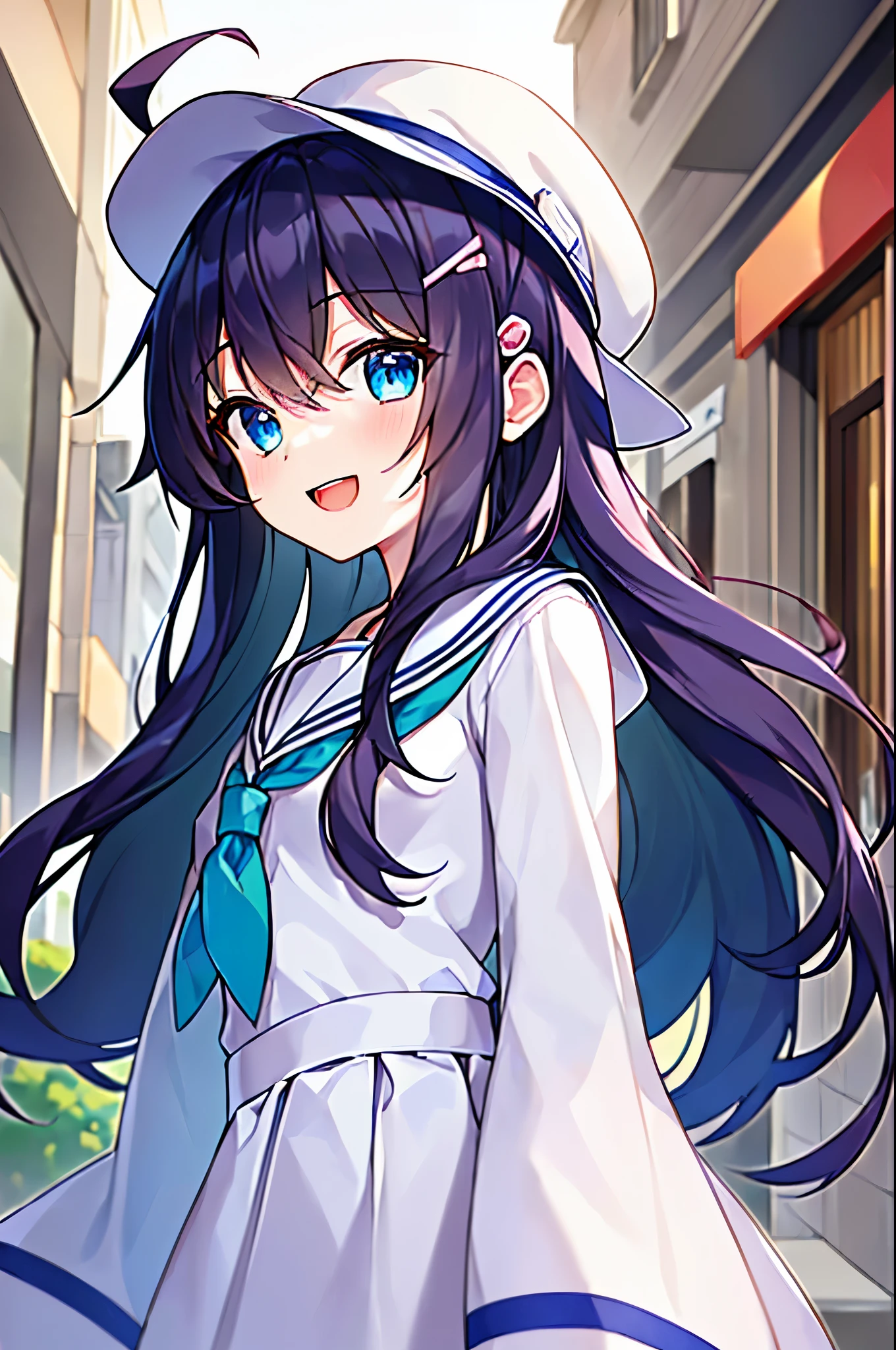 (((masterpiece))) (((highest quality))), (((beautiful))), (((8k))), (((High resolution))), (1 girl:1.3), (child:1.5), (Lori:1.2), (Dark blue straight long hair:1.3), (very long, Dark blue sideburns), (Very wide parted dark blue bangs:1.3), (Simple hair clip:1.4), (Ahoge:1.4), (small blue eyes:1.2), (Slightly droopy eyes:1.3), (Super thick sideburns and super long sideburns:1.1), (Ultra-flat chest:1.4), (Very small breasts:1.4), (laughing:1.3), (Walking through the city of fresh greenery:1.2), (Fresh green street trees:1.3), (Between buildings:1.3), (White sailor suit with long sleeves:1.3), (White pleated skirt:1.3), White hat with blue ribbon, (Cowboy Shot:1.4), (low angle shot:1.4)