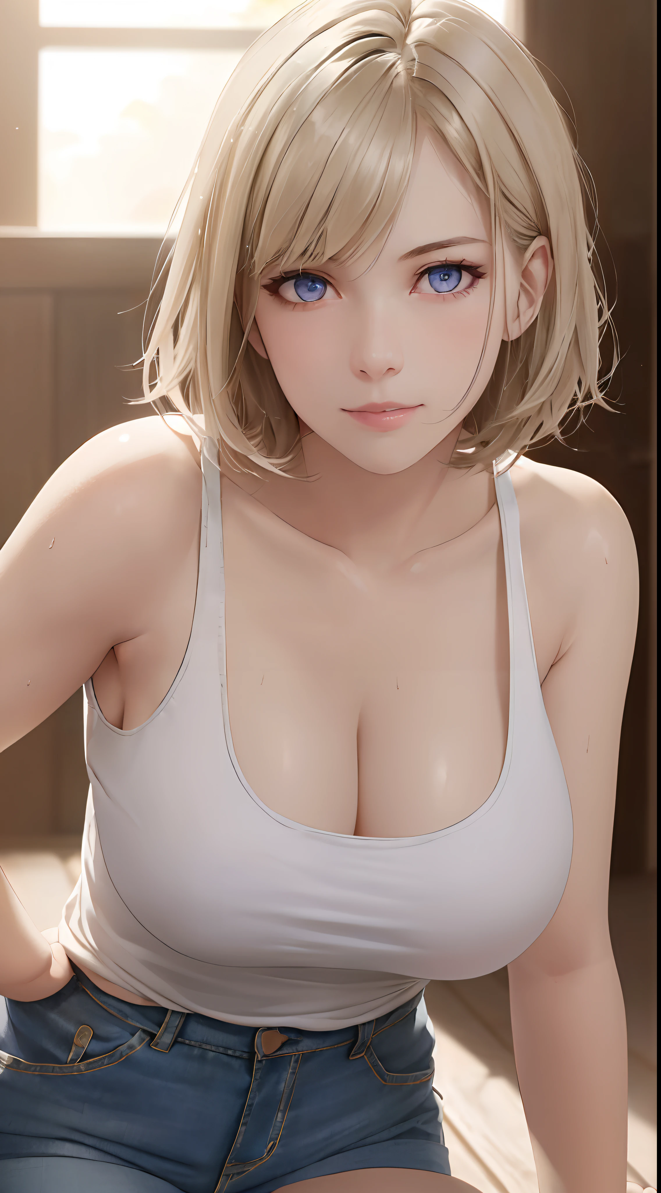 ((((masterpiece, best quality, high resolution)))), Extremely detailed 8K, Beautiful girl with slender body, (Ultra HD, Ultra-detailed, Highly detailed, Highly realistic, Ultra-realistic, photograph realistic), (1girl:1.5), (Realistic white hair), short wavy hair, bob cut, (dynamic poses), facing at camera, light smile, purple eyes, average breasts, (beautiful detailed face, beautiful detailed eyes), (white tank top, thin material), cleavage, dark jean shorts, glow, sweat, (sunbeam, sunlight)