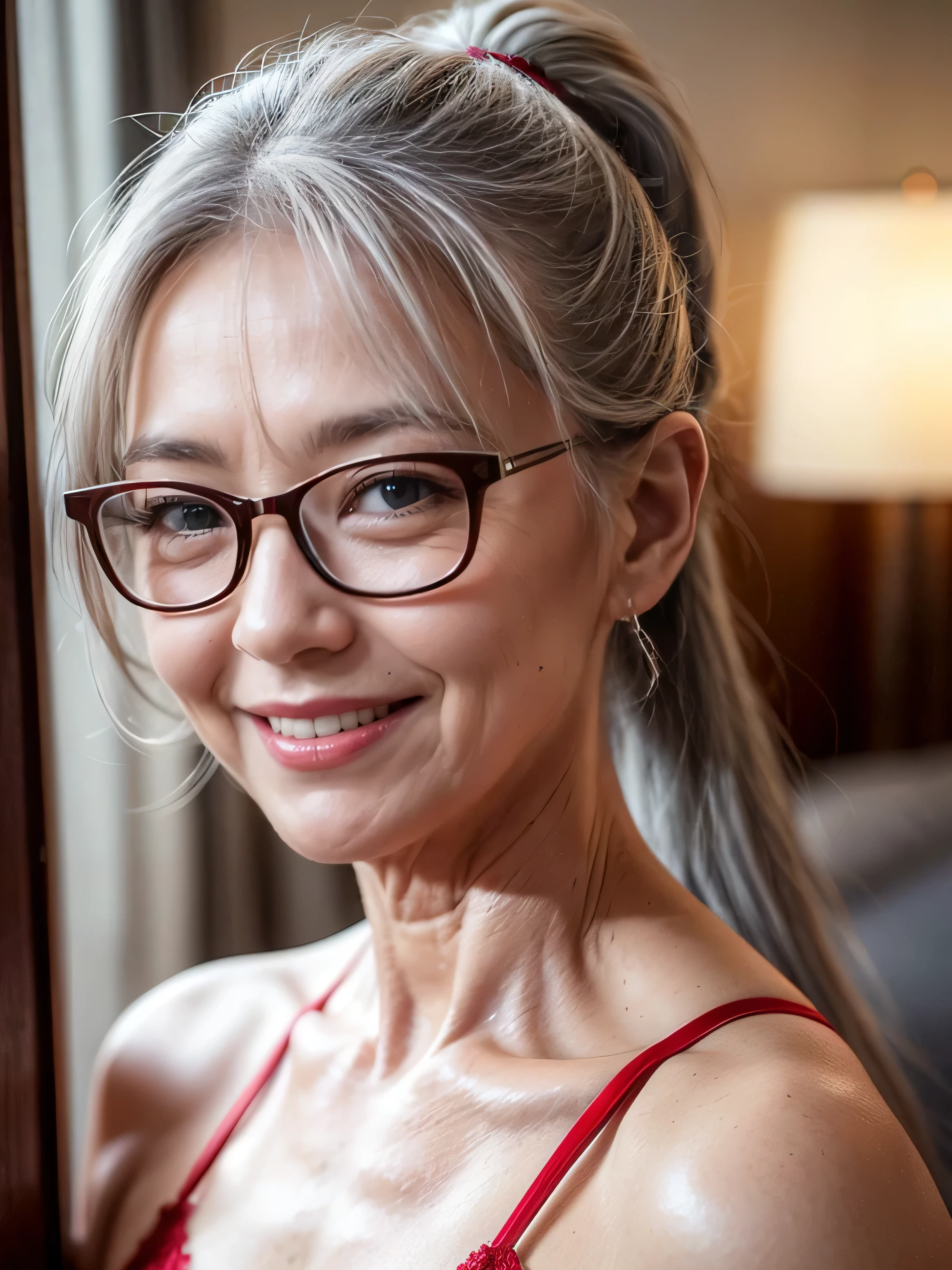 60 years old,milf, a captivating gaze,long old gray hair,Brown eyes, (A lot of wrinkles on her face:1.3), (There are many wrinkles on her chest1.4),Old Woman, Detailed wrinkles (8K, High resolution,ultra-quality, An ultra-high picture quality,Ultrarealistic,Best Quality,masuter piece:1.2)(breasts are large,Large cleavage:1.1) ,(Old Woman in Japan) ,nude,eyes visible through hair, Proper eye position,Cinematic Light,Soft light,lower back,Night time,Soft moonlight,detailed color graded background,Convoluted, ighly detailed,8K,Overall silhouette,Bedrooms,Looking down,smile,glasses,nude