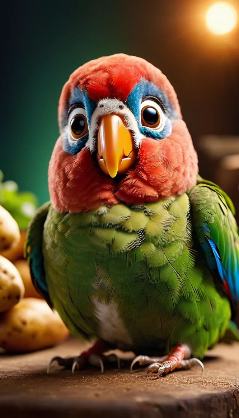 Foodpets Very cute and charming anthropomorphic potato parrot, Looking at the audience, Macro, Movie Lighting, Fantasy Art, Dynamic Synthesis, Epic reality, Award-winning illustrations