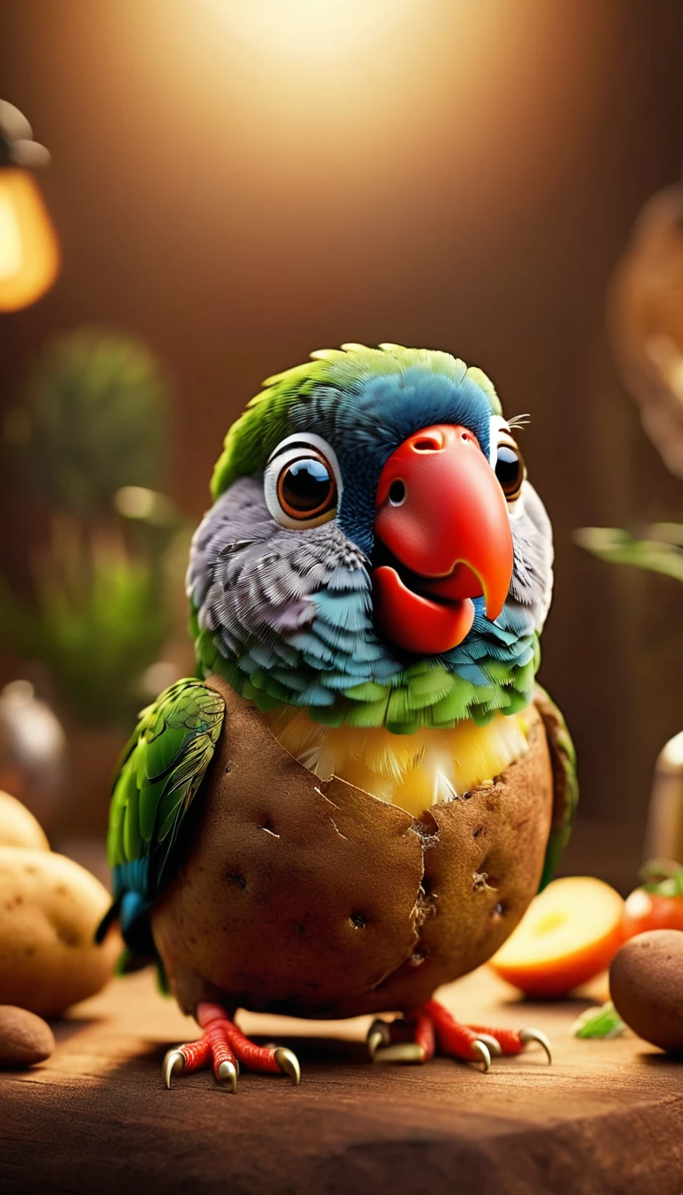 Foodpets Very cute and charming anthropomorphic potato parrot, Looking at the audience, Macro, Movie Lighting, Fantasy Art, Dynamic Synthesis, Epic reality, Award-winning illustrations