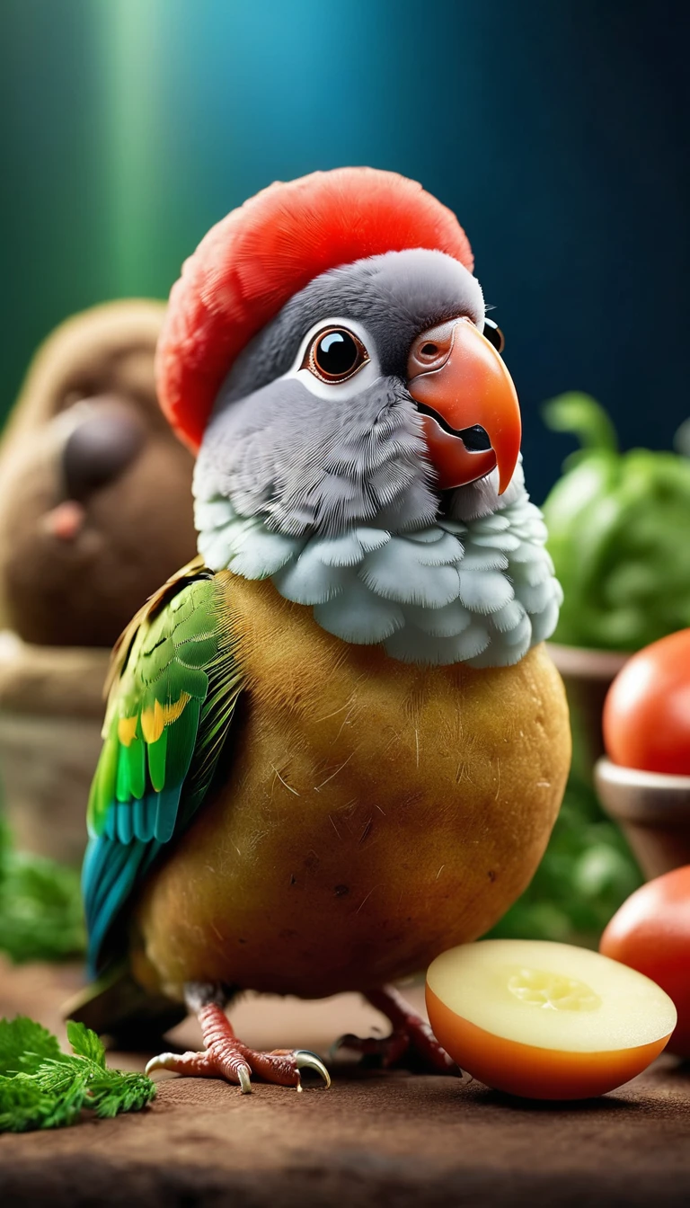 Foodpets Very cute and charming anthropomorphic potato parrot, Looking at the audience, Macro, Movie Lighting, Fantasy Art, Dynamic Synthesis, Epic reality, Award-winning illustrations