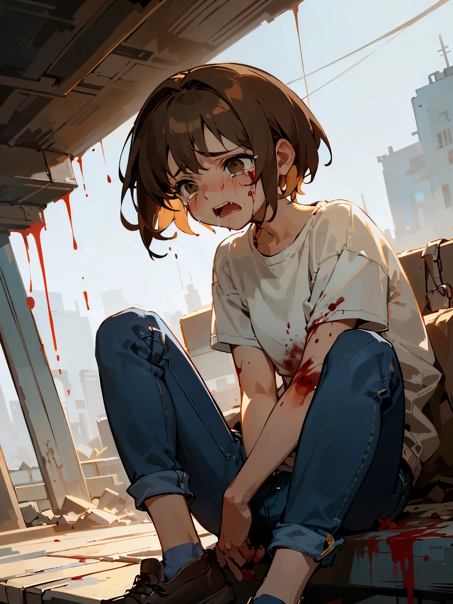 ((best quality)), ((masterpiece) a girl, brown short hair, a white shirt,
jumpers, jeans, the apocalypse world, crying faces,
Blood), (detailed), perfect face