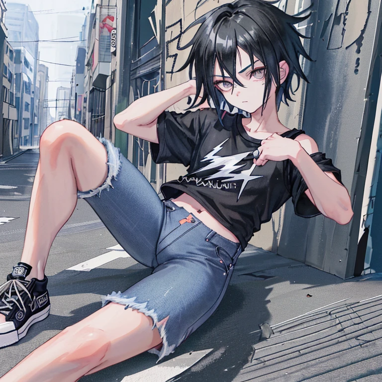 The head is Sasuke,Wear a black, open-chested shirt.,Denim jeans,converse shoes,Has a lightning aura,In an alley in the city,Highly detailed images