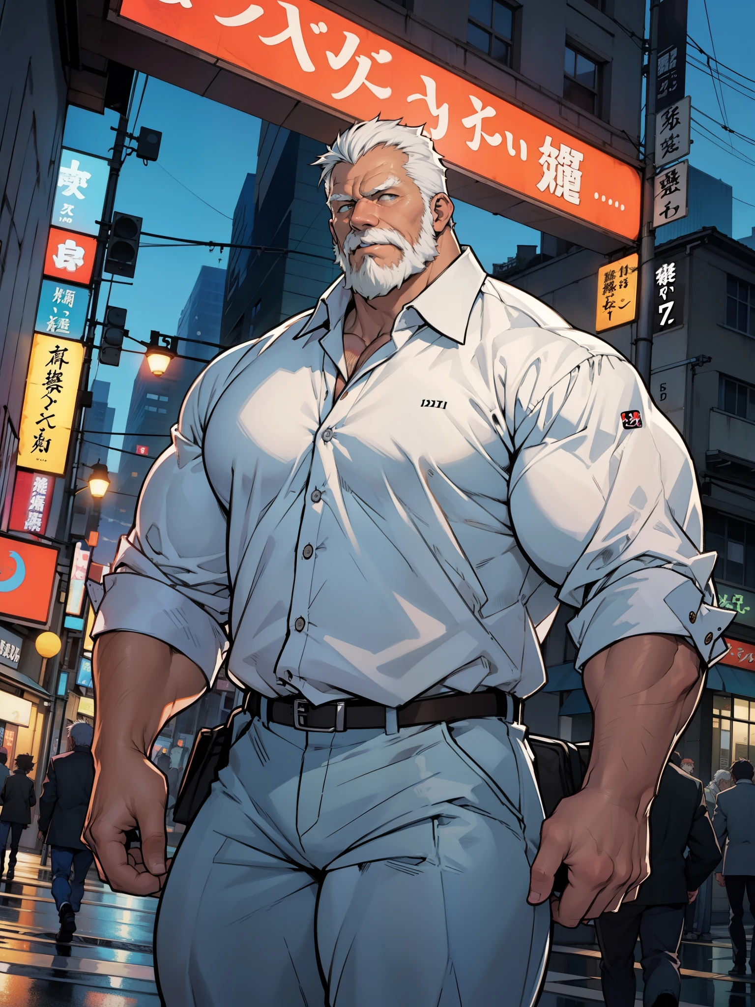 Solo, 1boy, old man with a huge body muscular build and (short white hair) is walking around in city. City, night city, He is wearing a white sleeved shirt and pants. The scene is highly realistic, with the highest quality and attention to detail, creating a masterpiece. comic, comic storyboard, comic-storyboard, manga, manga line art, manga panels, detailed manga