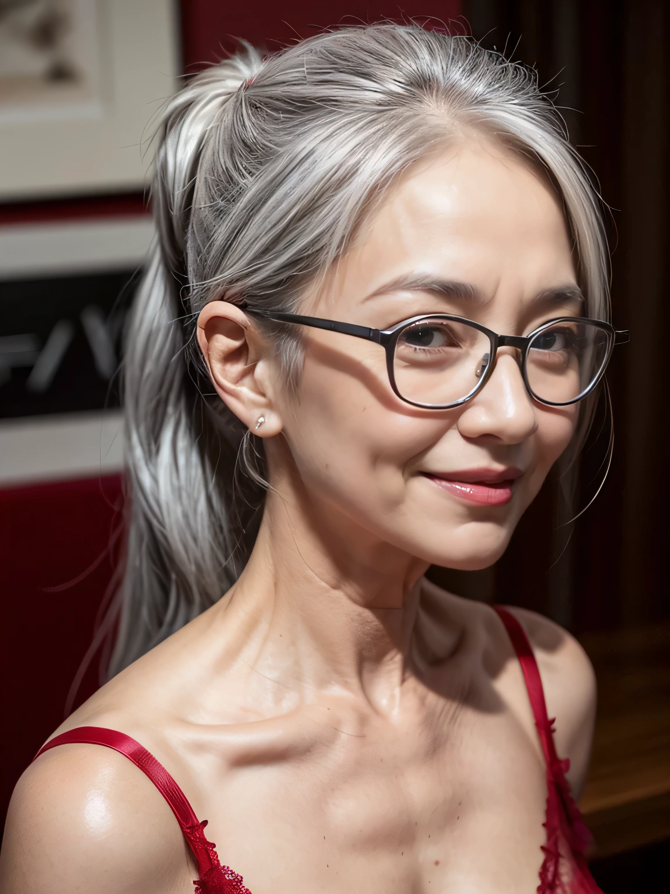 (65 years old:1.3),gray hair,(there are many wrinkles on her face:1.23),old woman,red erotic lingerie,smile,sexy posing,beautiful hip, ponytail hair, Wearing glasses