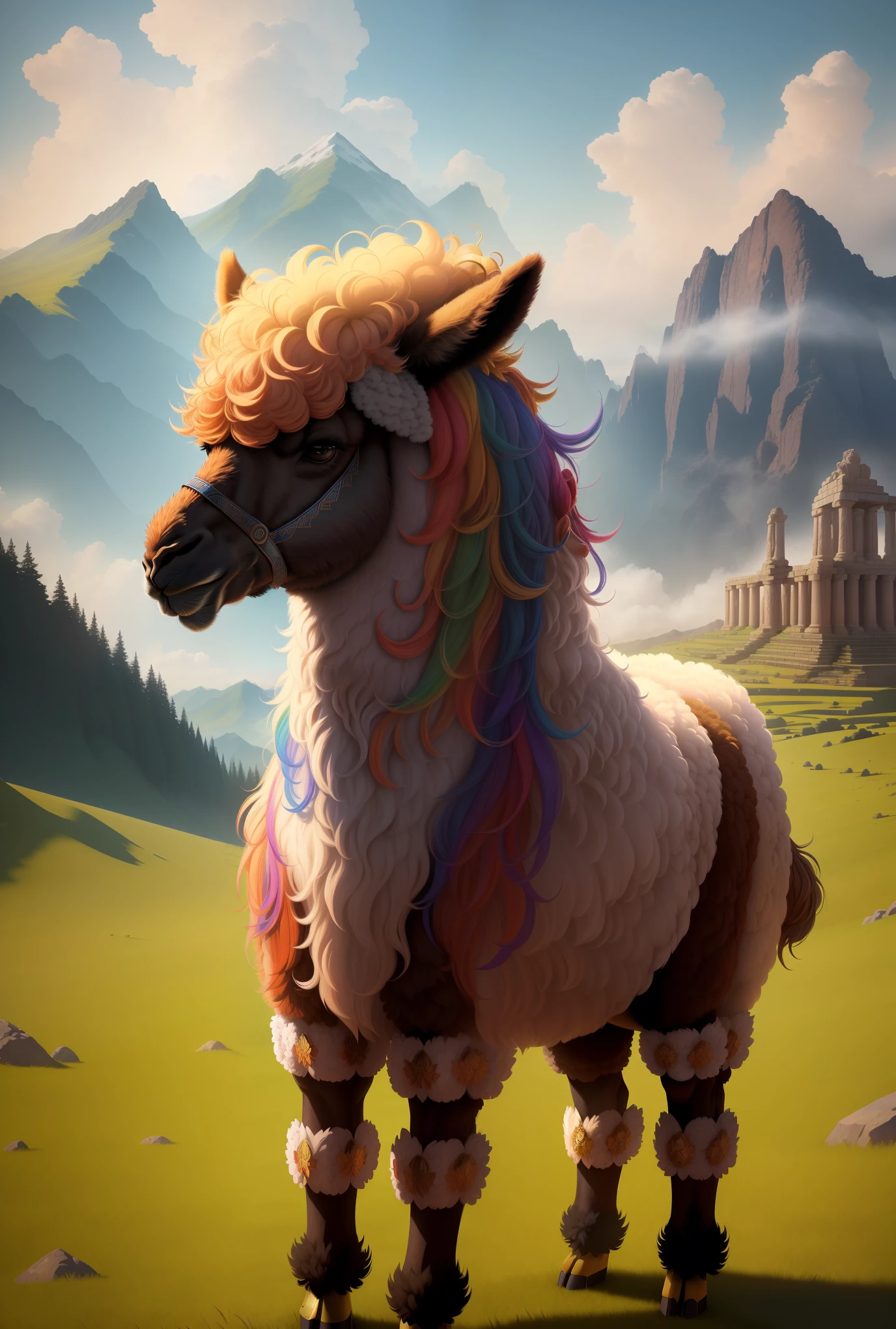 A majestic alpaca standing in a mysterious atmosphere, embodying ancient legends and the deity of the grasslands. The alpaca is portrayed with a sense of power and mystery, surrounded by an aura of ancient rituals. The scene is depicted with surrealistic elements, evoking a mystical and powerful presence. The image quality is (best quality,4k,8k,highres,masterpiece:1.2), ultra-detailed, (realistic,photorealistic,photo-realistic:1.37), with HDR, UHD, and vivid colors. The artwork is created in an illustrative style, capturing the essence of ancient folklore and spiritual significance.