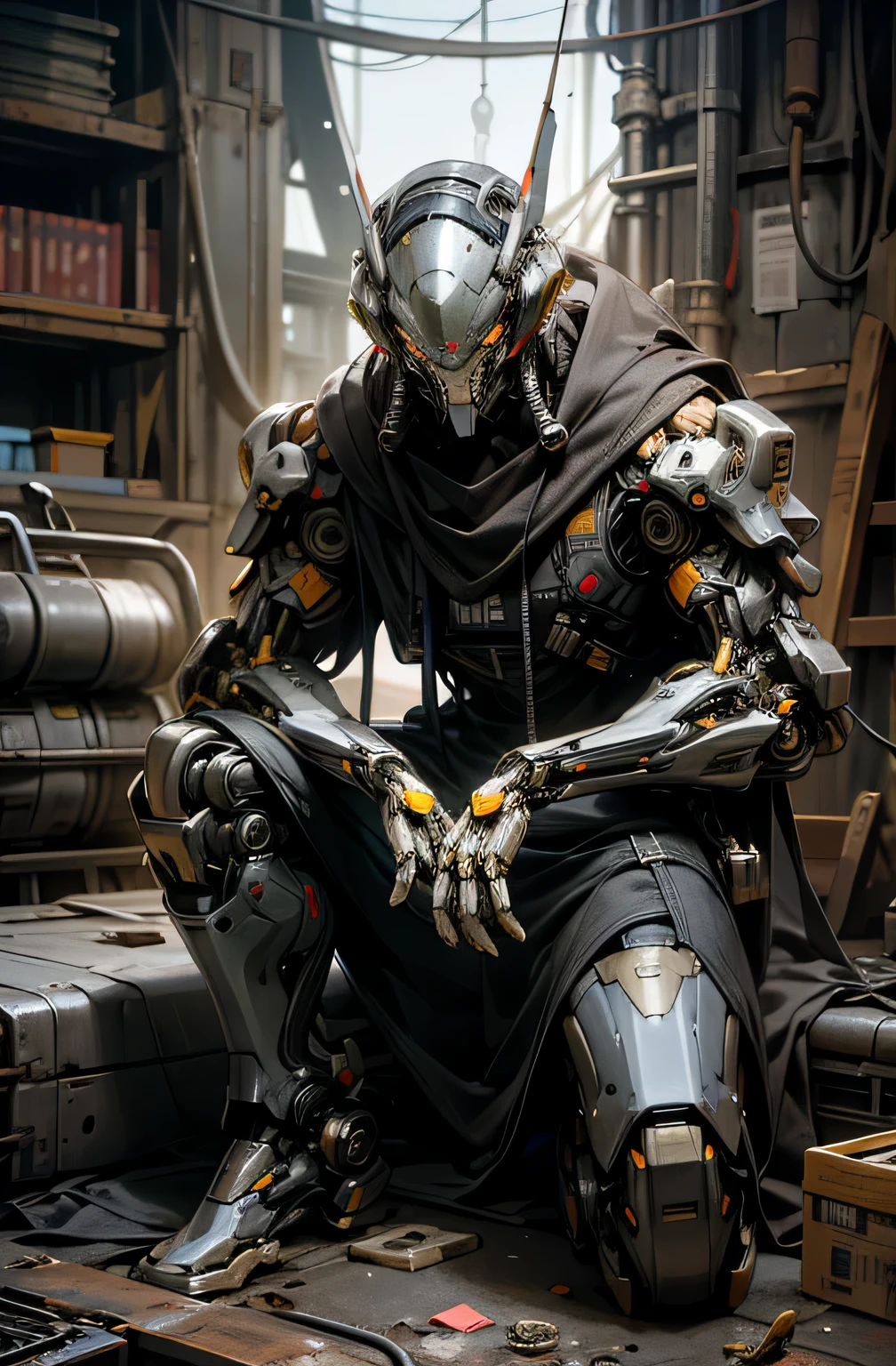 Cyberpunk,1 man, Mechanical, Robotic male, Cybernetic, Kind, repaired, rebuilt, relaxed, comforting, scrapped, salvaged, inviting, smooth screen helmet, at ease, reassuring, loving