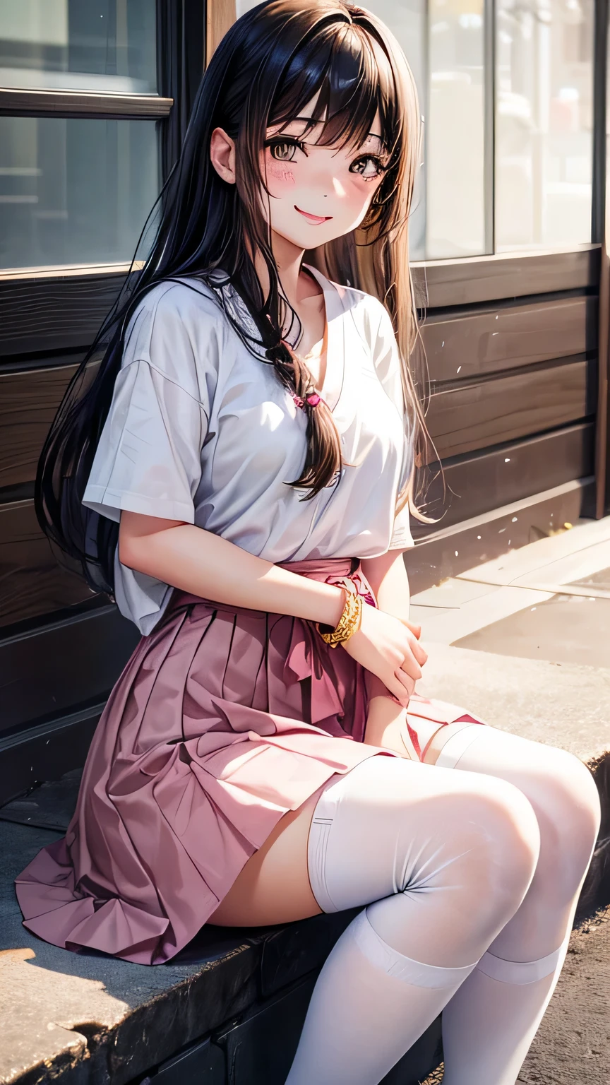 Beautiful Japanese  girl with marked freckles on her face, light brown eyes, long black hair, smile, dressed in a , white shirt and pink skirt, black stockings and bracelets on her wrists.