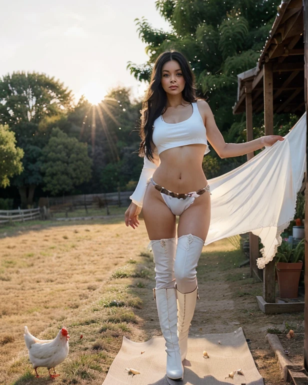 full length portrait of a beautiful and magnificent sexy farmer, a perfect fit body of long black hair that flutters in the wind, beautiful long leg , dressed in white tiny short yoga , white tiny top, with a pair of boots, gives seeds to the chickens, on a beautiful day with sunrise, ultra detailed UHD image, hyper realistic photo 8K.