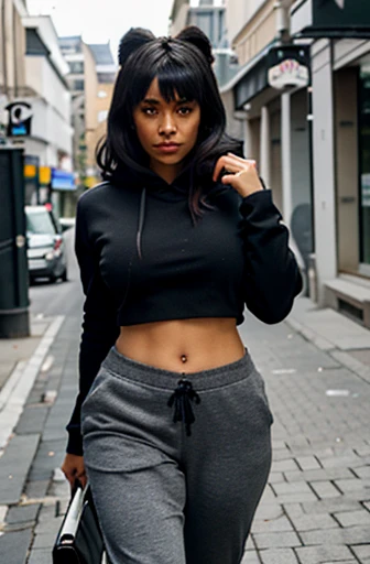 there is a woman in a black top and grey pants walking down the street, thicc, rottweiler female furry mini cute style, fursona wearing stylish clothes, female fursona, in clothes! highly detailed, in a black hoodie, highly detailed full body, black and tan highly glossy fur, realistic anime 3 d style, in a hoodie, furry character, casual pose, ultra realistic picture, highly detailed character