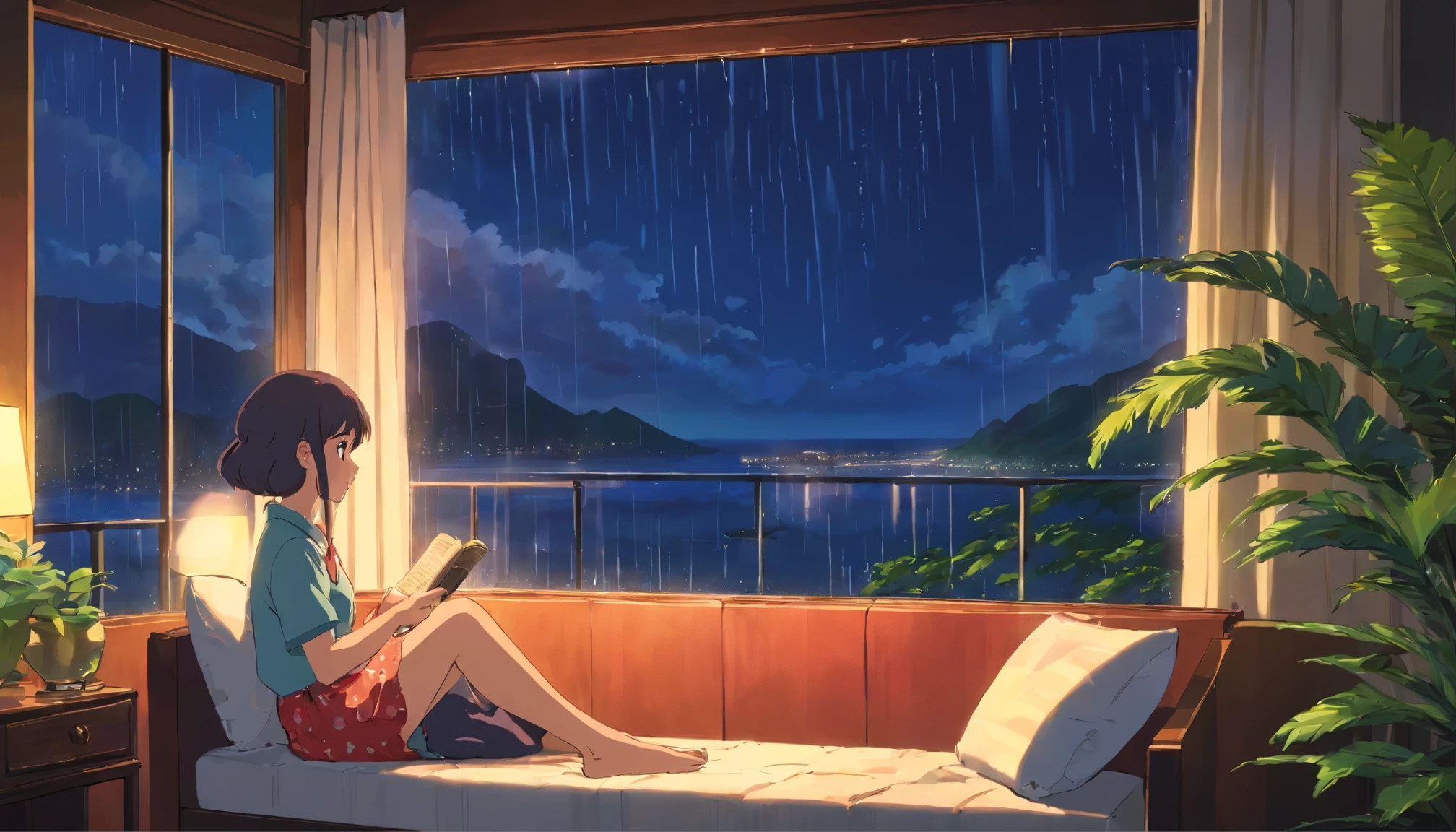 rain、night、Hawaii、A high school girl relaxes by the window in a luxury hotel, listening to music、Ghibli style