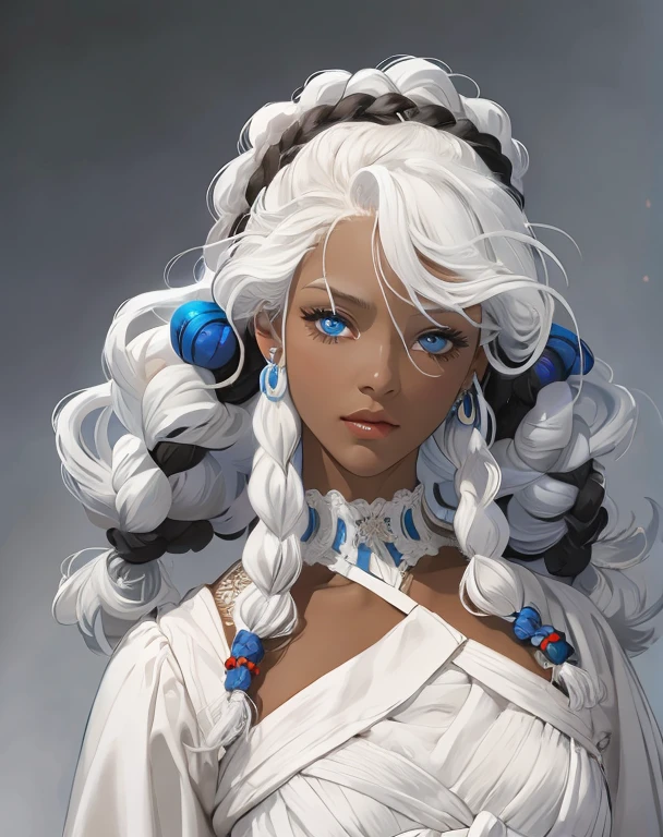 Beautiful girl priestess, Blue eyes, intricate hairstyle, Braids, white clothes, soft power in a glance, high quality, realism.