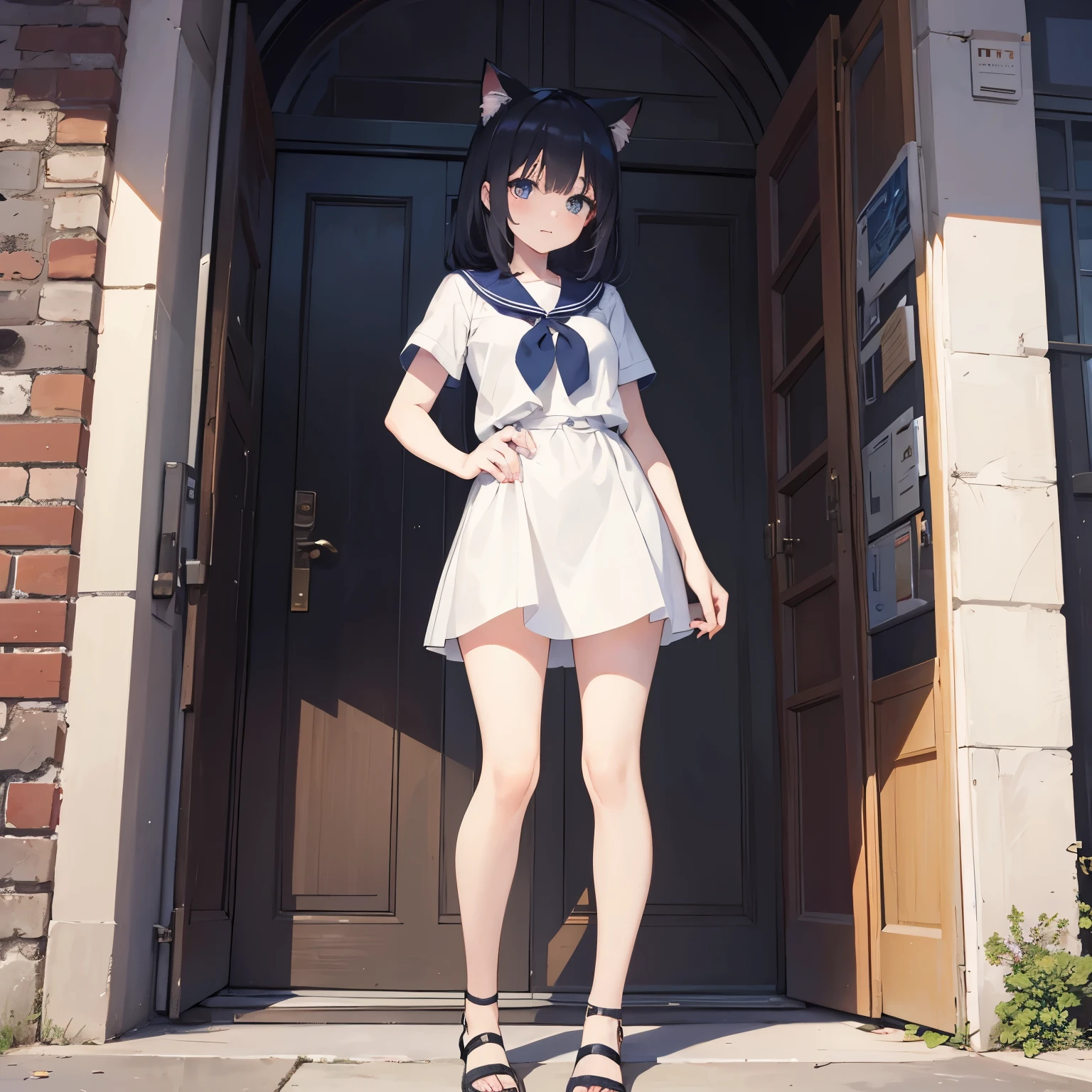 masterpiece, best quality, ultra-detailed, illustration, (1girl), beautiful detailed eyes, looking at viewer, (close up:0.9), navy hair, mediumhair,shy, cat ears, standing , full body , toe