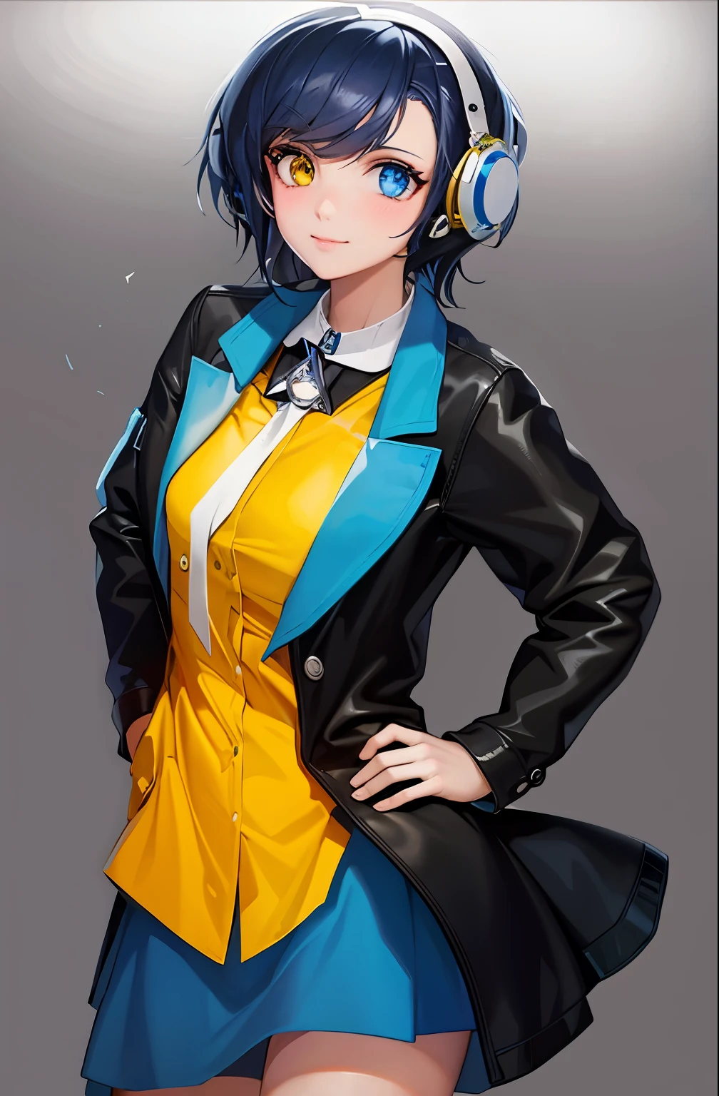 (best quality, higher), anime girl with silver headphones and a deep blue and yellow leather jacket.  heterochromia, yellow eye, blue eye. wearing a light purple shirt, black hair,  stylish fashion, vibrant colors, female model,  white background,  artistic portrait, realistic detail, masterpiece.