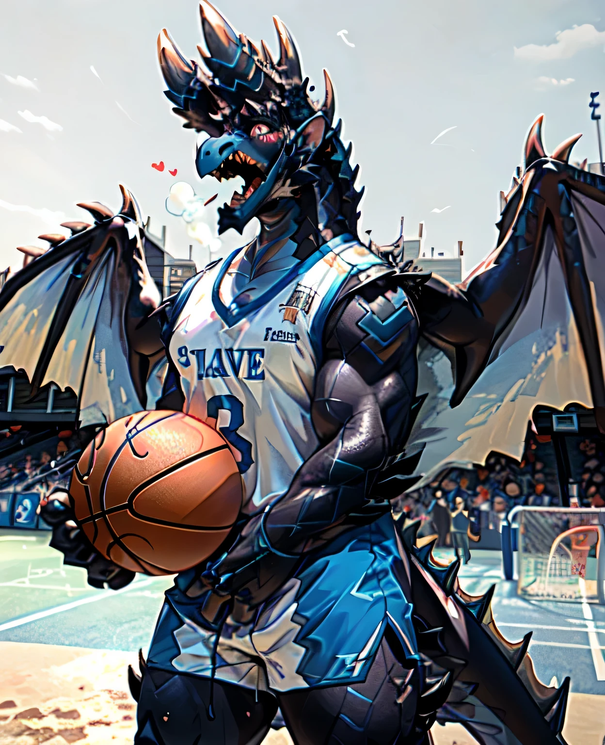 (dragon), Two-color, dragon&#39;s eyes, (muscular body:1.3), perfect eyes, Handsome, OK,(white basketball jersey), (on the playground),(Express), sports field background,(close up),(Happy eyes:1.2),look at screen,(dragon horn),(dragon tail),different students,Perfect masterpiece,(16K),White belly,Solitary,((Strong)),(sports field background),(Sweat),Perfect proportion,front,blush,(wave hello，Watching you:1.5),(Basketball in hand:1.3),(Open your mouth slightly and breathe.:1.2),(close range:1.2),(clothes soaked with Sweat:1,3),Strong,muscle,more details,CG,HD，detailed，Clear，high resolution