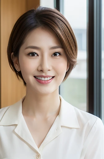 highest quality, masterpiece, High resolution, Photorealistic, Raw photo, 8k wallpaper, perfection, Professional Lighting, Very detailed, Depth of written boundary, ((One beautiful woman)), Detailed face, Beautiful Eyes, Supermodel body type, Shapely small breasts, Short Hair,He spoke to me with a smile.,White shirt, skirt,slit,Muscular,We met when picking up our  from nursery school