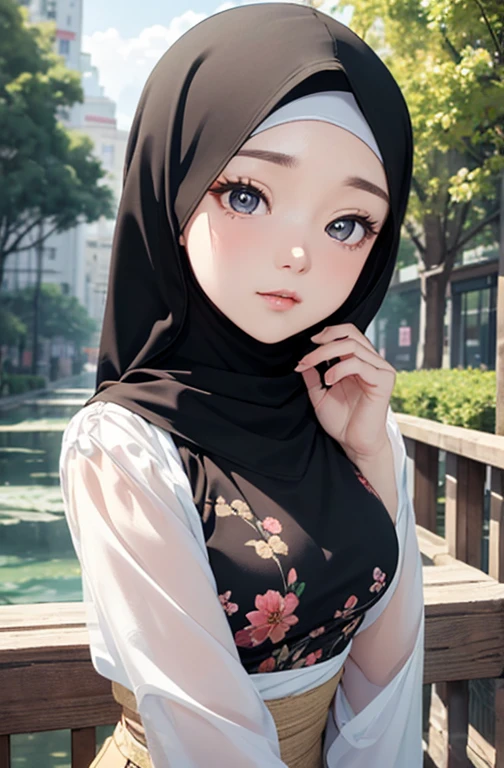(Close-up of the painting style,Ultra HD 8K,Masterpiece grade CG wallpaper),Cinematic lighting,cute girly,Delicate and beautiful face,Dreamy pupils,Wearing a small floral blouse,bound waist,hijabi,Bust poem,Sit,Cloudy background,the trees,florals,summer,Chinese style buildings。
