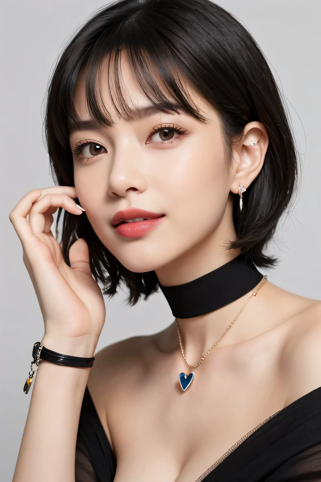 nude, solo, 1girl, black nails, jewelry, short hair, looking at viewer, white background, heart, closed mouth, grey eyes, nail polish, simple background, grey hair, ear piercing, black choker, smile, eyelashes, lips, bangs, bracelet, beads, gem, earrings, fingernails, pink nipples, medium tight breasts, perfect anatomy, perfect fingers
