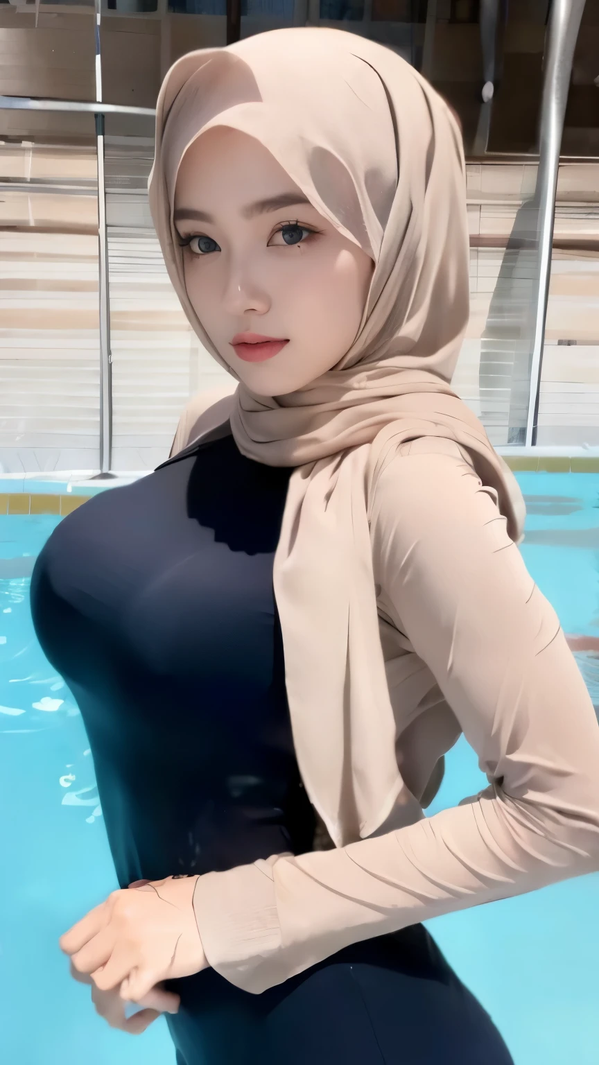  (Raw photo:1.2), (Photorealsitic), a beautiful detailed hijab girl, extremely detailed eye and face, beatiful detailed eyes, hight resolution, highly detailed, top-quality, [​masterpiece:1.6], illustration, highly detailed, finely detail, top-quality, 8k wallpaper, Cinematographic lighting, 1girl in, perfect body type, colossal breasts with tension、【Colossal 、heavy breasts、J-Cup:1.9】、Cute drooping eyes、Beautiful big eyes、Sweaty and wet、【sexual excitement:1.8】、(the whole body is wet:1.4)、Light in the eyes、housewife、long sleeves tight shirt and legging 、(in a swimming pools)、dynamic poses,a 35 year old  woman、Slim and fit Figure