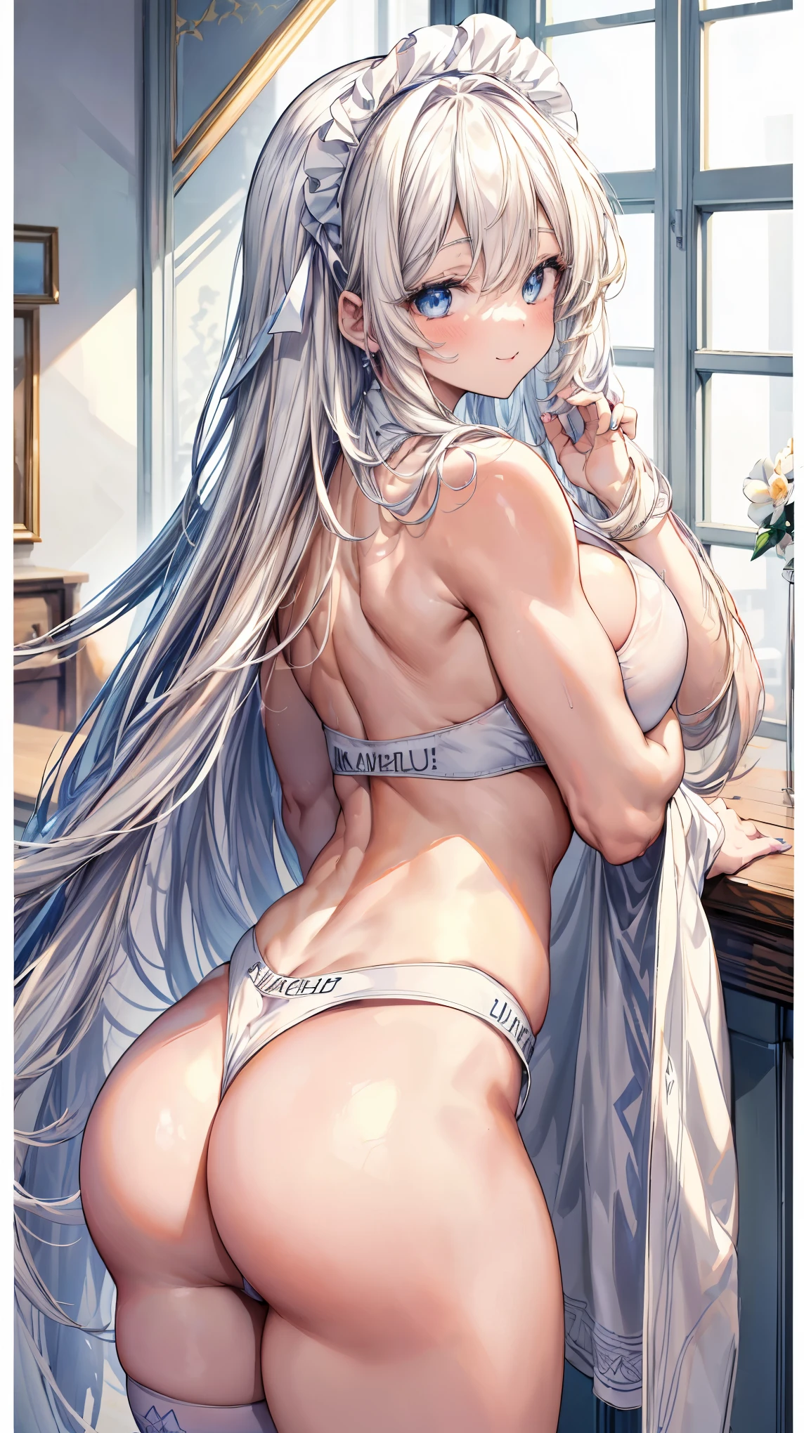 Super detailed、highest quality、Best image quality、masterpiece、8K、Anime Face、A kind smile、Sparkling Blue Eyes、long blonde curly hair、Heavy bangs、Wearing a maid headband、(SFW huge body)、(((Rear view)))、Cowboy Shot、(Wearing a white thong:1.5)、Muscles of the whole body、Kneel