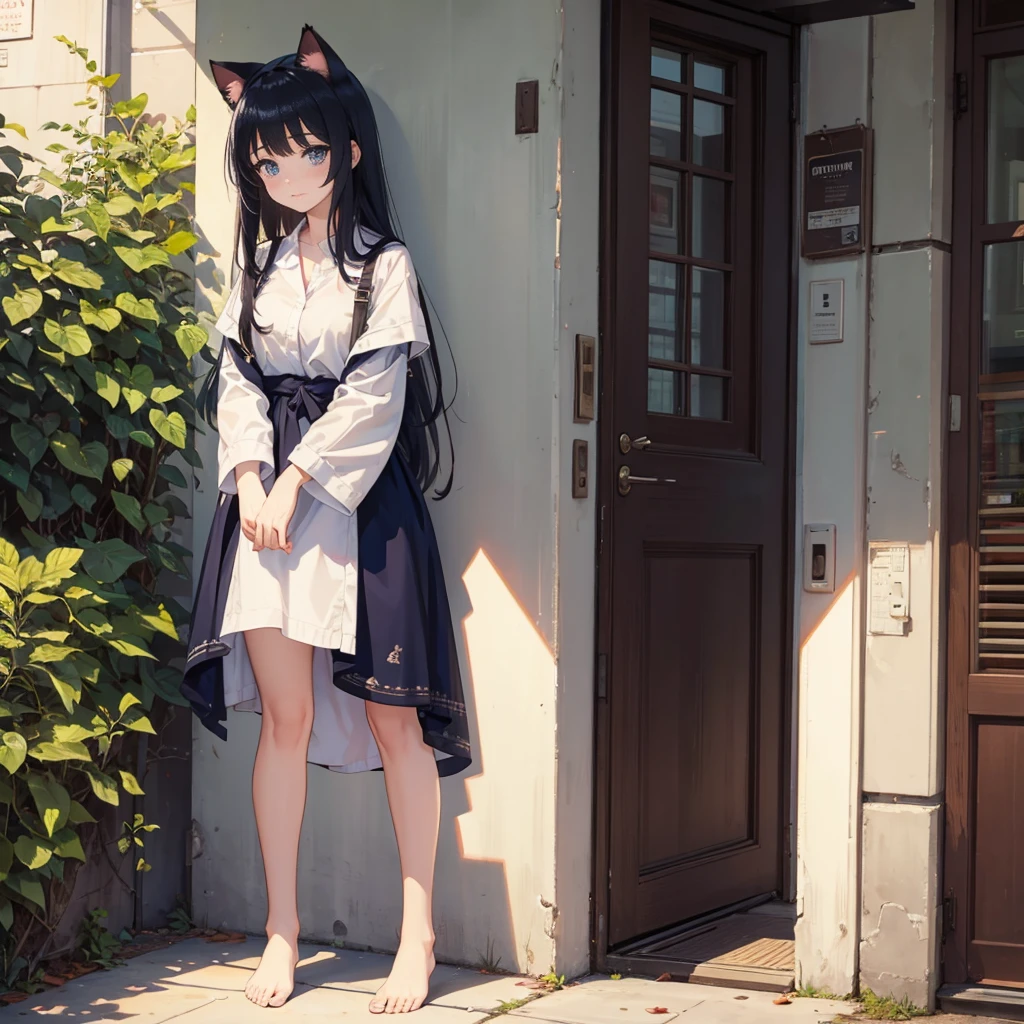 masterpiece, best quality, ultra-detailed, illustration, (1girl), beautiful detailed eyes, looking at viewer, (close up:0.9), navy hair, mediumhair,shy, cat ears, standing , full body , toe
