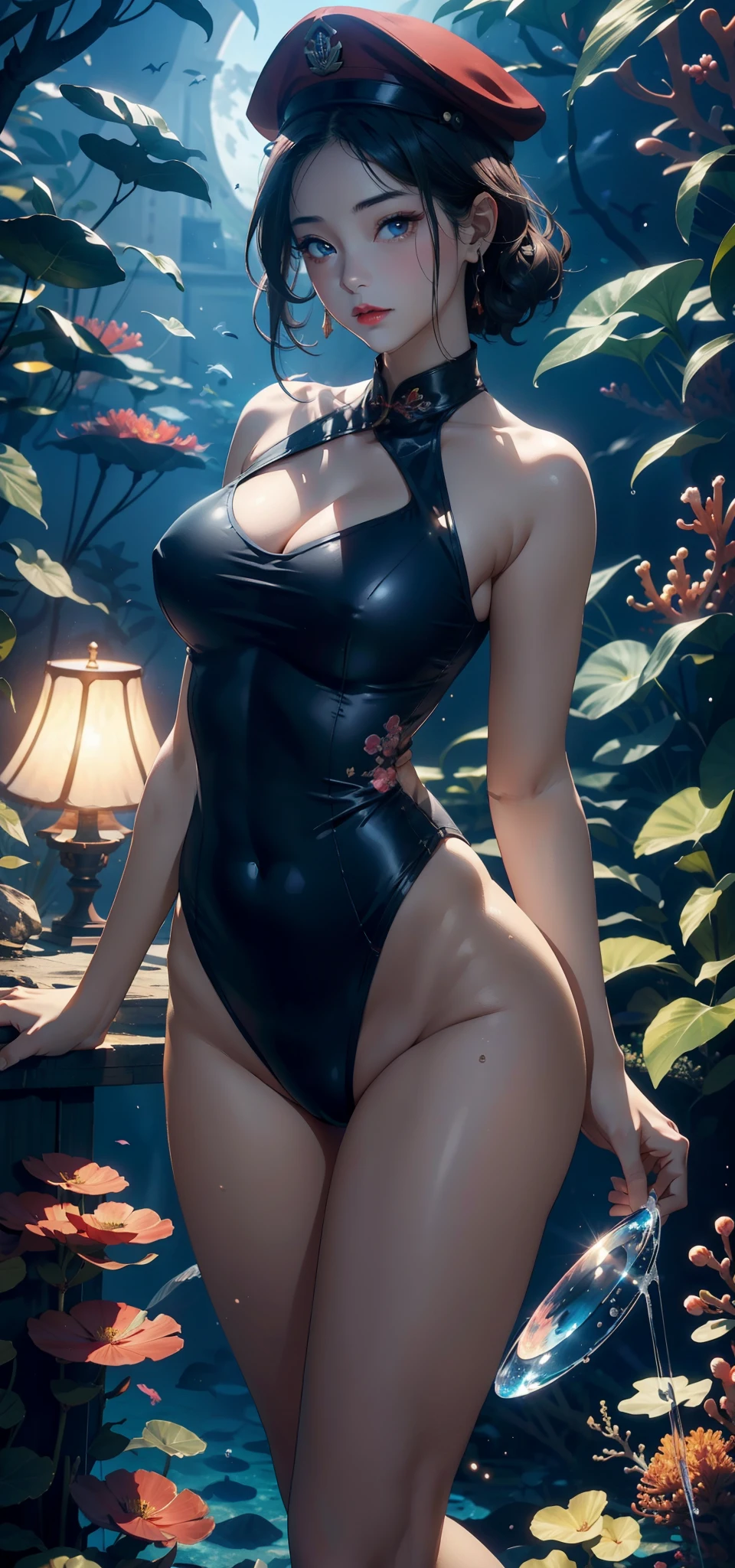 1 female,45 years old,Married women breasts,short hair,Big breasts and thin waist, 照片曝Light, (background:seabed,Underwater,bubble,coral,waterweed) Black Hair,Red lips,躺在Underwater,Front view, Straight Hair, Full Moon,(((masterpiece),(Highly detailed CG Unity 8k wallpaper),best quality,Light,详细background,beautiful eyes,(very delicate and beautiful),(Beautiful and detailed eye descriptions),Ultra Detailed,masterpiece,)),face camera,high resolution,Ultra Detailed),nude,The exposed chest is a bit fat, Camel toe,diver,Soldier(wear:Military cap,cheongsam,)