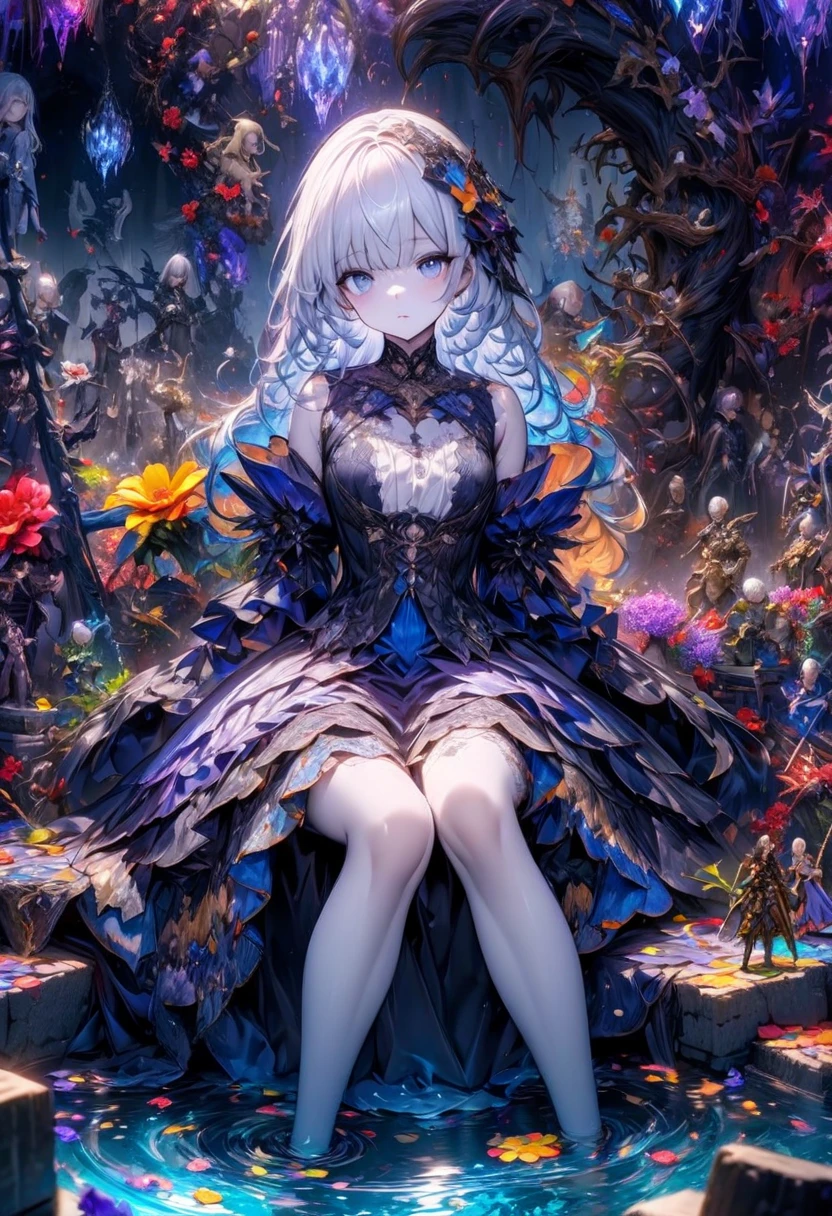 (masterpiece), (highest quality), figure, Very detailed, High Dynamic Range, Depth of written boundary, (colorful), ,,This is a masterpiece that exudes exceptional quality. The figure is ultra-detailed, Use HDR technology to create a sense of depth. The theme is original, beautifully, Beautiful artwork, Bright colors,Full of fantasy elements. girl sitting near the deep sea, surrounded by running water, The background is the dark blue World Tree., located in the cemetery. 宁静梦幻的氛围赋予整个场Depth of written boundary情迷人的气质. her pale complexion, Sparkling blue eyes, silver hair decorated with flowers,Create stunning portraits. she is wearing lolita style fashion, poker face,shut up. The background is white, transparent, loop options, 半transparentの青い蝶も飛んでいます,add vitality.