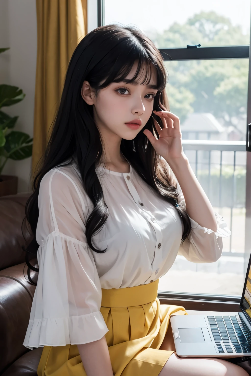 Araped woman wearing multi-colored blouse and yellow skirt with long black hair, Cerveza Soft Devil Queen Madison, Violet Myers, curtain bangs, No makeup, wavy hair, Madison Beer, without makeup, 중앙에서 분리된 curtain bangs, Profile picture, Use Instagram Filters, Subtle soft and dim light, Pose sitting in front of a laptop, perfect face, julia sardinian, perfect hands, 