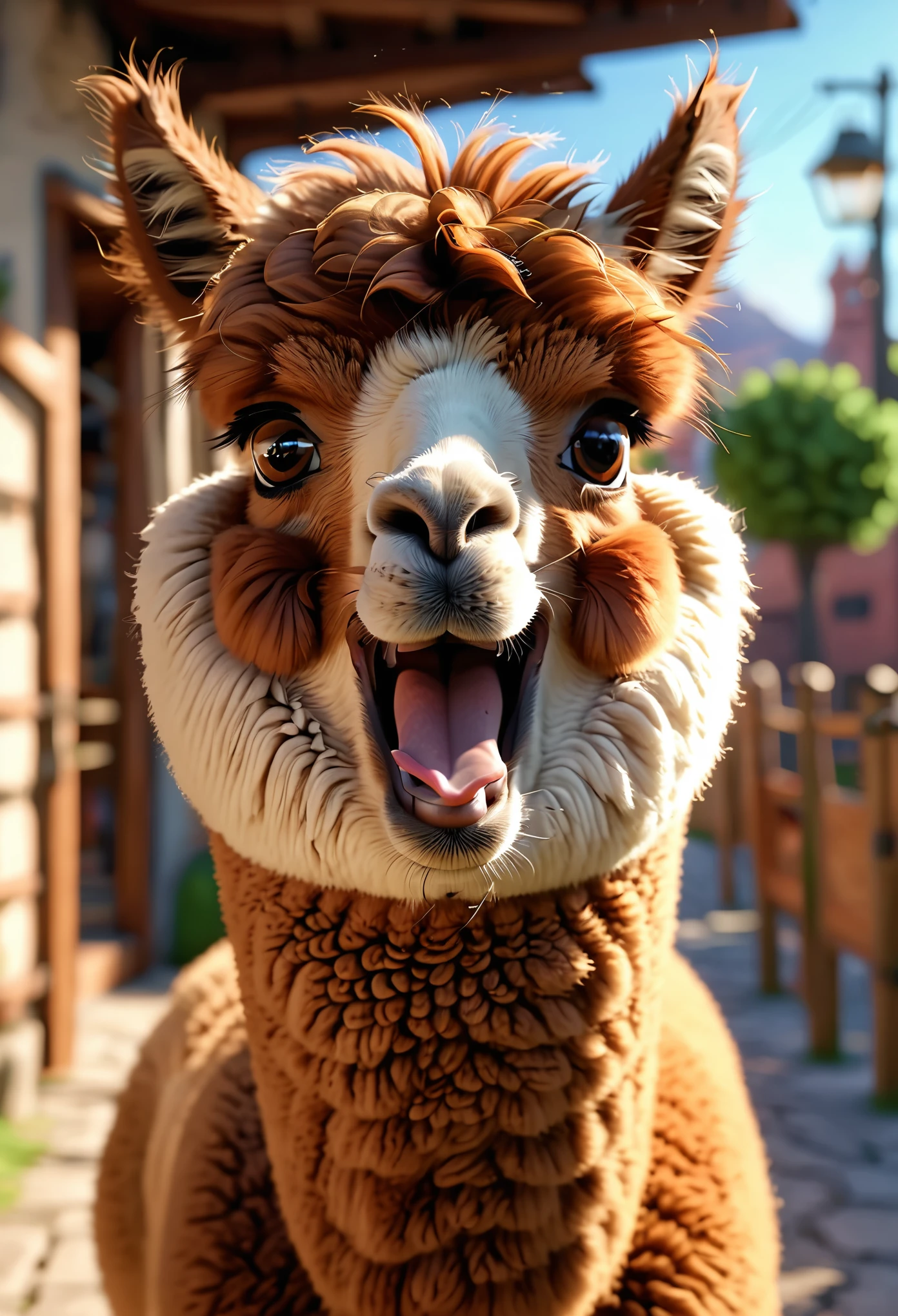 Alpaca,cute,cute,Open your mouth and laugh,Full body portrait,3d,Pixar animation style,8k,Super fine,masterpiece,high quality,cinematic perspective,Movie Lighting
