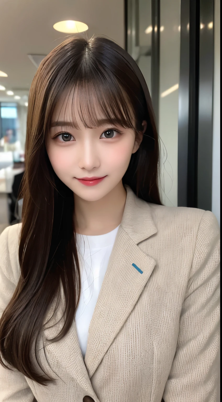 Tabletop, highest quality, shape, Very detailed, finely, High resolution, 8k wallpaper, 完璧なダイナミックな構shape, Beautiful and detailed, Nice spring clothes,Beautiful straight hair,Small breasts,Natural color lip, 20-year-old girl、cute、sexy shot looking at camera,Always blur the background,Perfect and beautiful face、Slim face and figure,Big eyes、Putting on gal makeup,Actual Photos(Best image quality)、Sexy Face、Fashion magazine model pose、A shy smile、suit、office Street