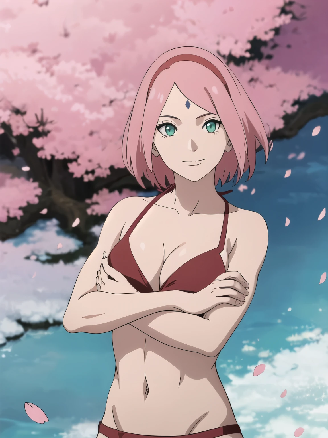 anime style, solo, 1 woman, super ultra details, bold drawing lines, very high resolution, perfect anatomy, ultra detailed face, high vibrance, (blue light), ((cold colors)), 1girl, haruno sakura, (slim body, thin belly, off-shoulders, biceps, crossed arms on chest, pale skin, small breasts, forehead mark), ((red t-back bikini, red hair band)), looking at viewer, (cherry blossom), floating hair, big smile, cowboy shot, (reddish pink hair, short hair), spring time, attractive colors