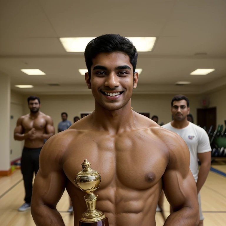 ((best quality)), ((masterpiece)), (detailed), perfect face, realistic beautiful face. 25 year old male with north Indian complexion, bodybuilder in gym. Smiling with trophy. Low lighting, Kodak moment. People in background.