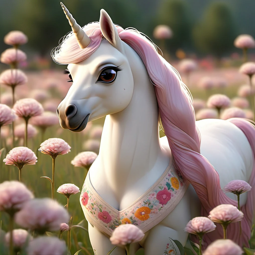 (A magical unicorn Alpaca grazes in a field full of flowers), (a brave young (20) Malaysian woman (huge natural breasts, big full butt, hourglass figure, average face, hijab no hair showing, extremely sheer translucent billowing outfit)